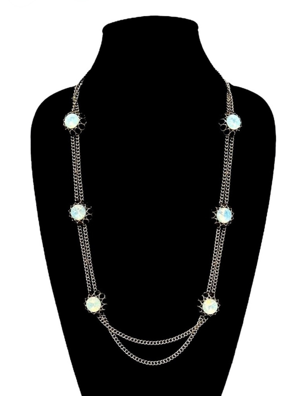 TALBOTS | Modern Black Enamel & Opalite Flower Silver Station Necklace | NEW
